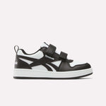 The Kids' Reebok Royal Prime 2 Shoes by Reebok are black and white sneakers featuring two hook-and-loop straps, a white sole, and the Reebok logo on the side, shown against a plain light background.