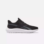 The Men's Energen Lux Running Shoes by Reebok feature a black mesh upper, white sole, and dark gray accents—versatile athletic sneakers ideal for running or everyday wear, shown from the side on a light background.