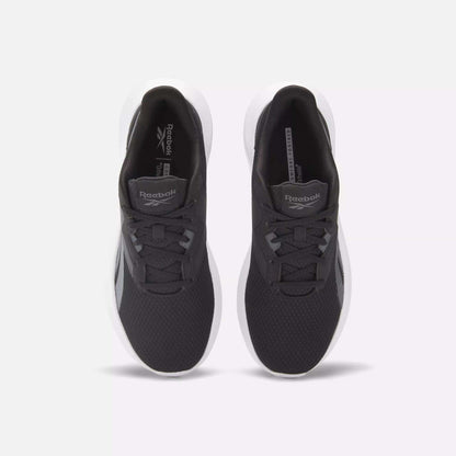 Top view of Women's Energen Lux Running Shoes by Reebok, featuring mesh uppers, laces, and white soles for breathability and comfort, displayed side by side on a light gray background.