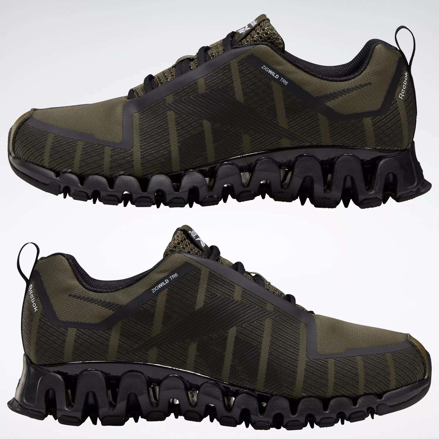 Reebok Men's ZigWild Trail 6 Shoes in olive green and black, featuring zigzag-patterned soles, mesh uppers, and enhanced cushioning, are displayed side by side on a plain white background.