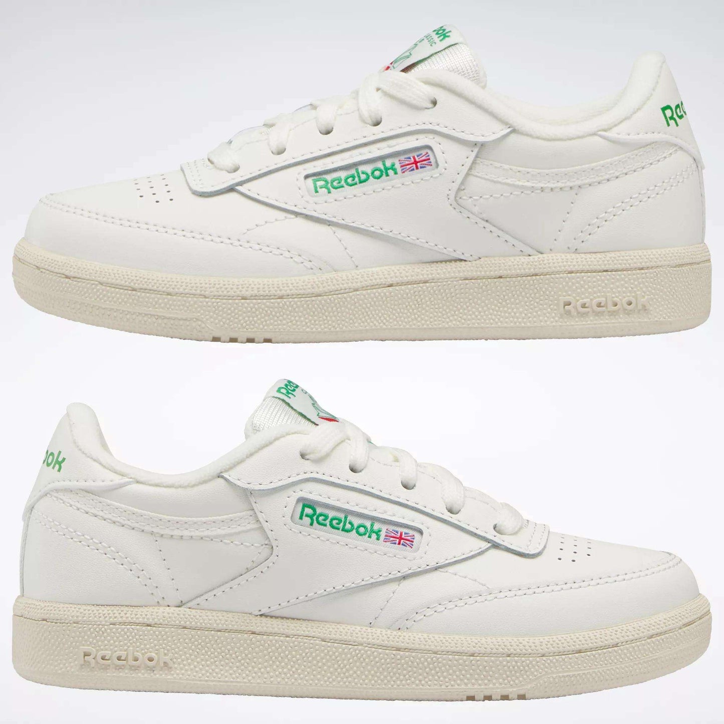 Two white Reebok Kids' Club C Shoes - Preschool, shown from the side with green and red logo details and an off-white sole, bring timeless '80s style for everyday wear.