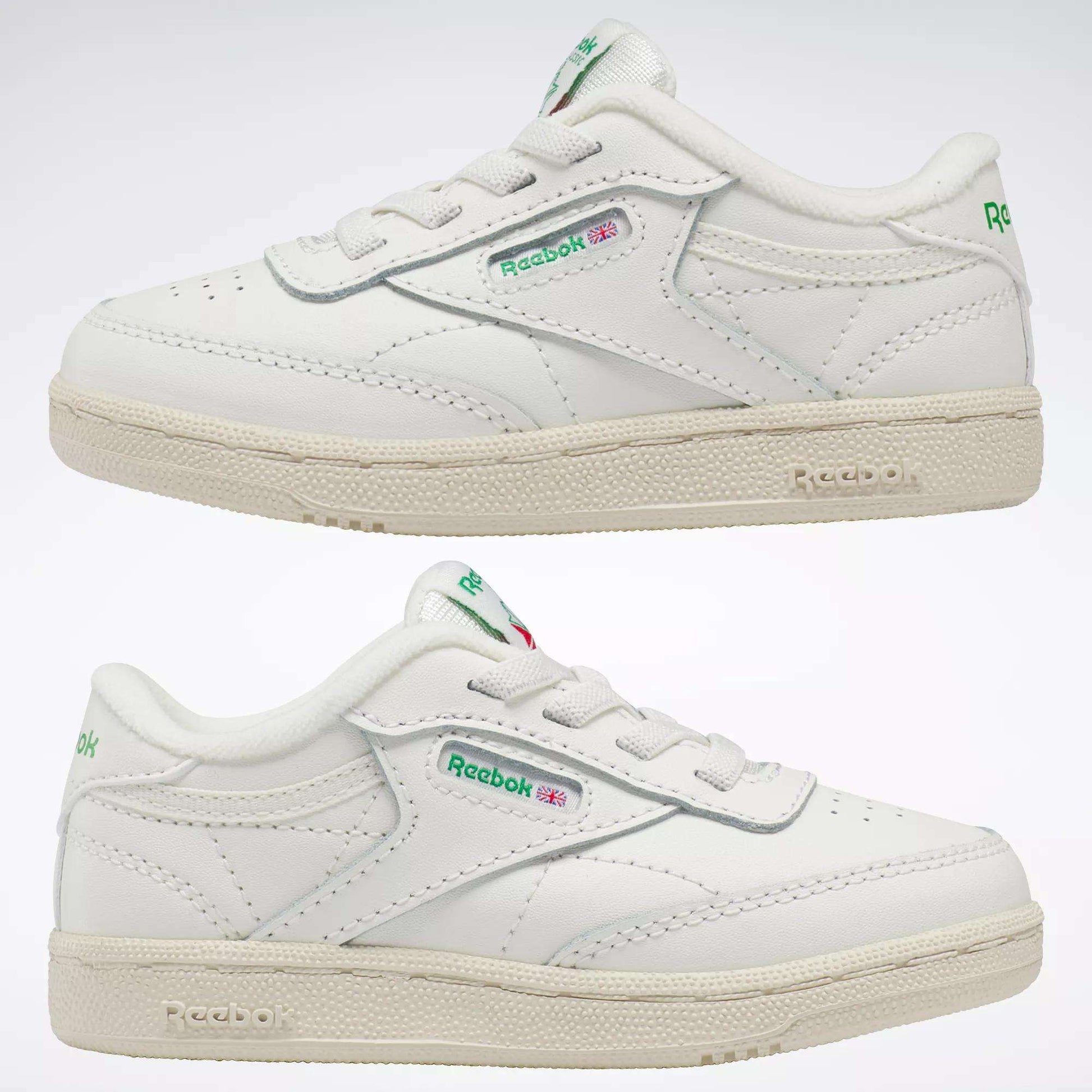 The Reebok Kids' Club C Shoes for babies and toddlers feature a white design with green details and the classic logo on the side, shown from a side view against a plain white background—ideal for adding retro '80s style to any outfit.
