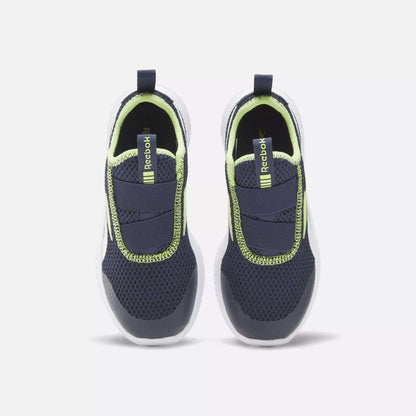A top view of Reebok Rush Runner Slip-On Shoes for little kids in navy blue mesh with neon yellow accents and white soles, featuring lightweight cushioning and shown side by side on a light background.