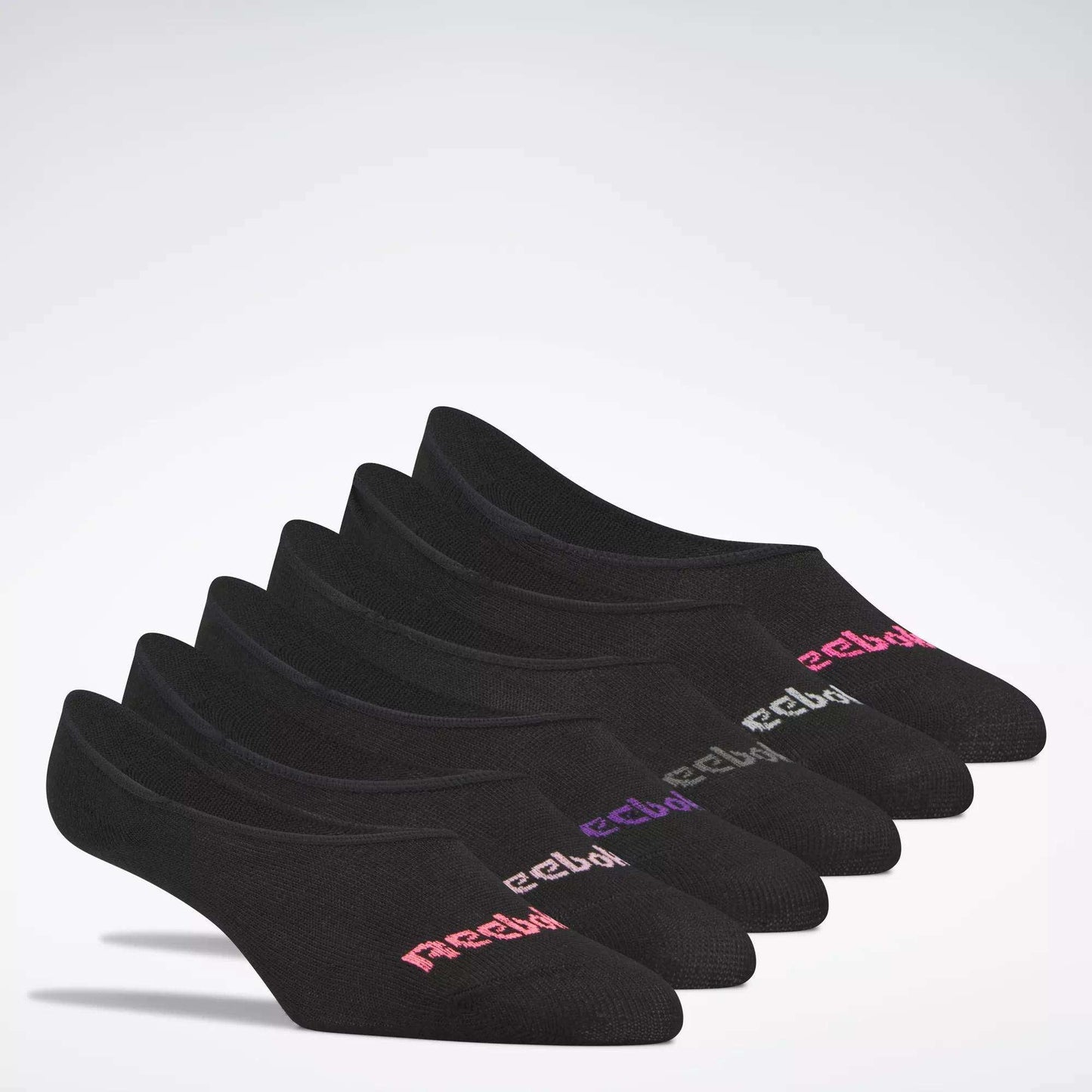 Women's Reebok Sport Liner Socks 6 Pairs by Reebok—black no-show socks with multicolor logos on the toes, neatly arranged on a white background. Perfect for teaming with your favorite training shoes.