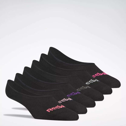 Women's Reebok Sport Liner Socks 6 Pairs by Reebok—black no-show socks with multicolor logos on the toes, neatly arranged on a white background. Perfect for teaming with your favorite training shoes.