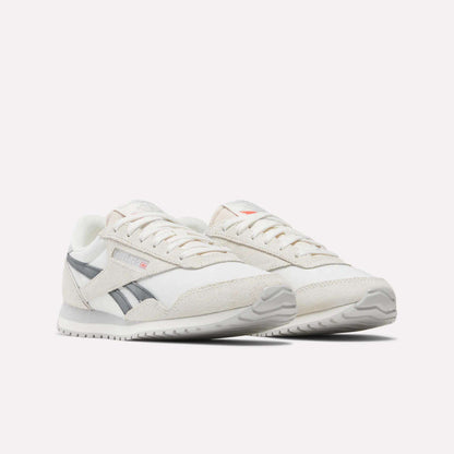 Women's Classic AZ Shoes by Reebok, in white with gray accents and the iconic side logo, are displayed on a plain white background—an ideal choice for vintage style fans.