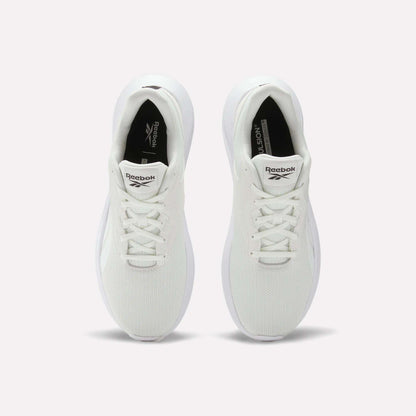 Top view of Reebok Men's Energen Lux Running Shoes with white laces and mesh texture, placed side by side on a plain light background.