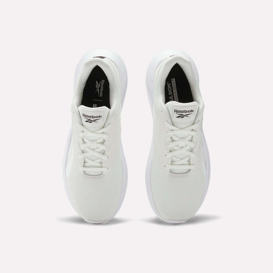 Top view of Reebok Men's Energen Lux Running Shoes with white laces and mesh texture, placed side by side on a plain light background.