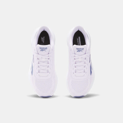 A top view of Reebok Women's Energen Run 4 Running Shoes with purple accents, shown on a light gray background. These shoes feature a lightweight, breathable mesh toe and lace-up closures.