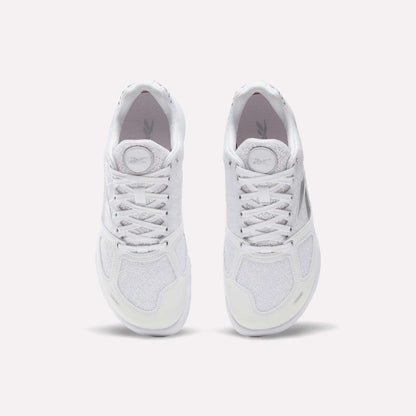 A pair of white Reebok Women's Nano 2.0 Training Shoes viewed from above on a light background, laces tied and soles down—ideal for women's functional fitness routines.