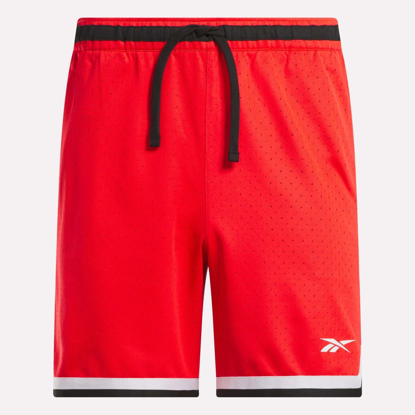 The Men's Basketball Transition Shorts 7" by Reebok feature a bright red design, black drawstring waistband, small white logo on the left leg, and black/white trim. Made of breathable perforated mesh for comfort and style on the court.