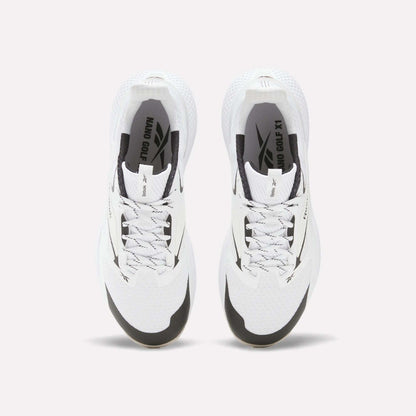 Top view of Reebok Nano Golf Shoes with black accents, gray laces, and “NANO OG X1” branding. These shoes have a durable FlexWeave upper and are displayed side by side on a plain white background.