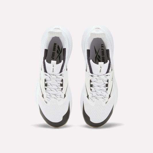 Top view of Reebok Nano Golf Shoes with black accents, gray laces, and “NANO OG X1” branding. These shoes have a durable FlexWeave upper and are displayed side by side on a plain white background.