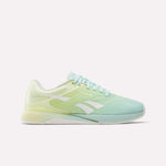 The Reebok Women's Nano X5 Training Shoes feature a gradient design from light yellow at the heel to light blue at the toe, white laces, and the iconic Reebok logo on the side. These stylish shoes offer comfort for your workouts.