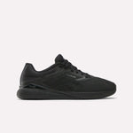 Reebok Women's Nano X5 Training Shoes are shown in black mesh with black laces and a flat rubber sole, viewed in side profile against a white background—a stylish pick for women’s trainers.