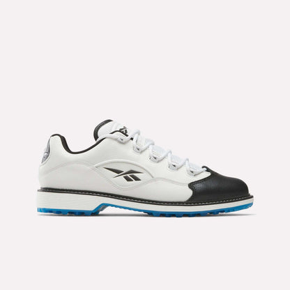 The Reebok Question Golf Shoes feature a white and black low-top design with blue sole accents, crafted from full grain leather and adorned with the Reebok logo, highlighting premium style against a plain light background.