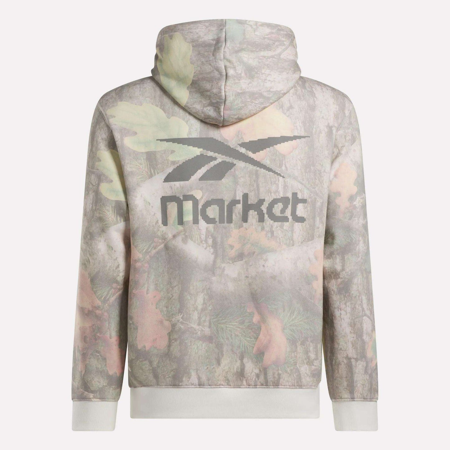 Back view of the Reebok x MARKET Hoodie by Reebok, showcasing a forest camo print and bold "Reebok" and "market" graphics across the upper back—perfect for streetwear fans.