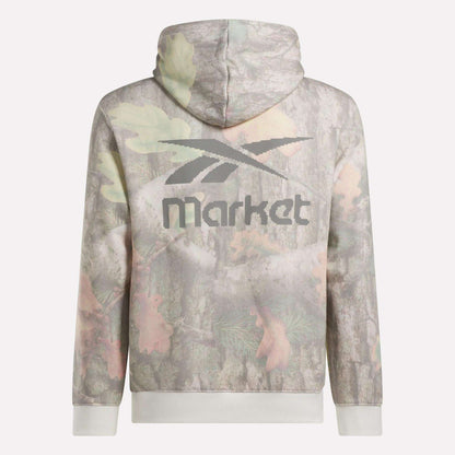 Back view of the Reebok x MARKET Hoodie by Reebok, showcasing a forest camo print and bold "Reebok" and "market" graphics across the upper back—perfect for streetwear fans.