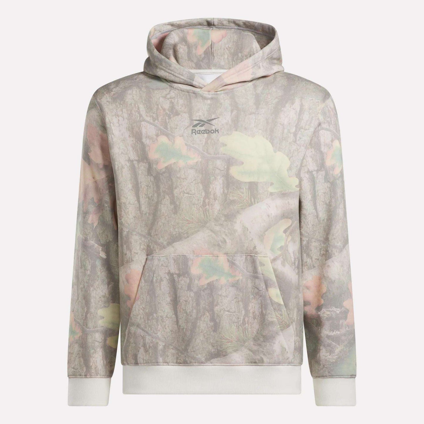 The Reebok x MARKET Hoodie features a tree bark and leaf camo print, front kangaroo pocket, ribbed cuffs and hem, plus the Reebok logo on the chest—perfect as a streetwear staple.