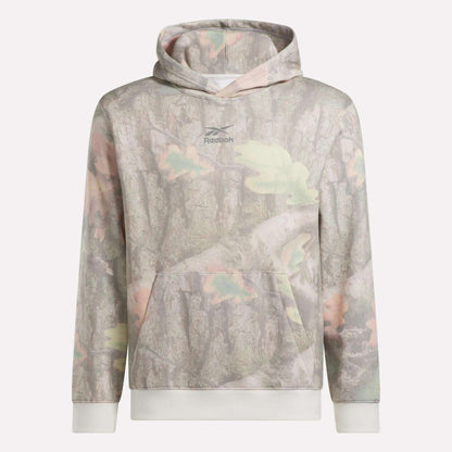 The Reebok x MARKET Hoodie features a tree bark and leaf camo print, front kangaroo pocket, ribbed cuffs and hem, plus the Reebok logo on the chest—perfect as a streetwear staple.