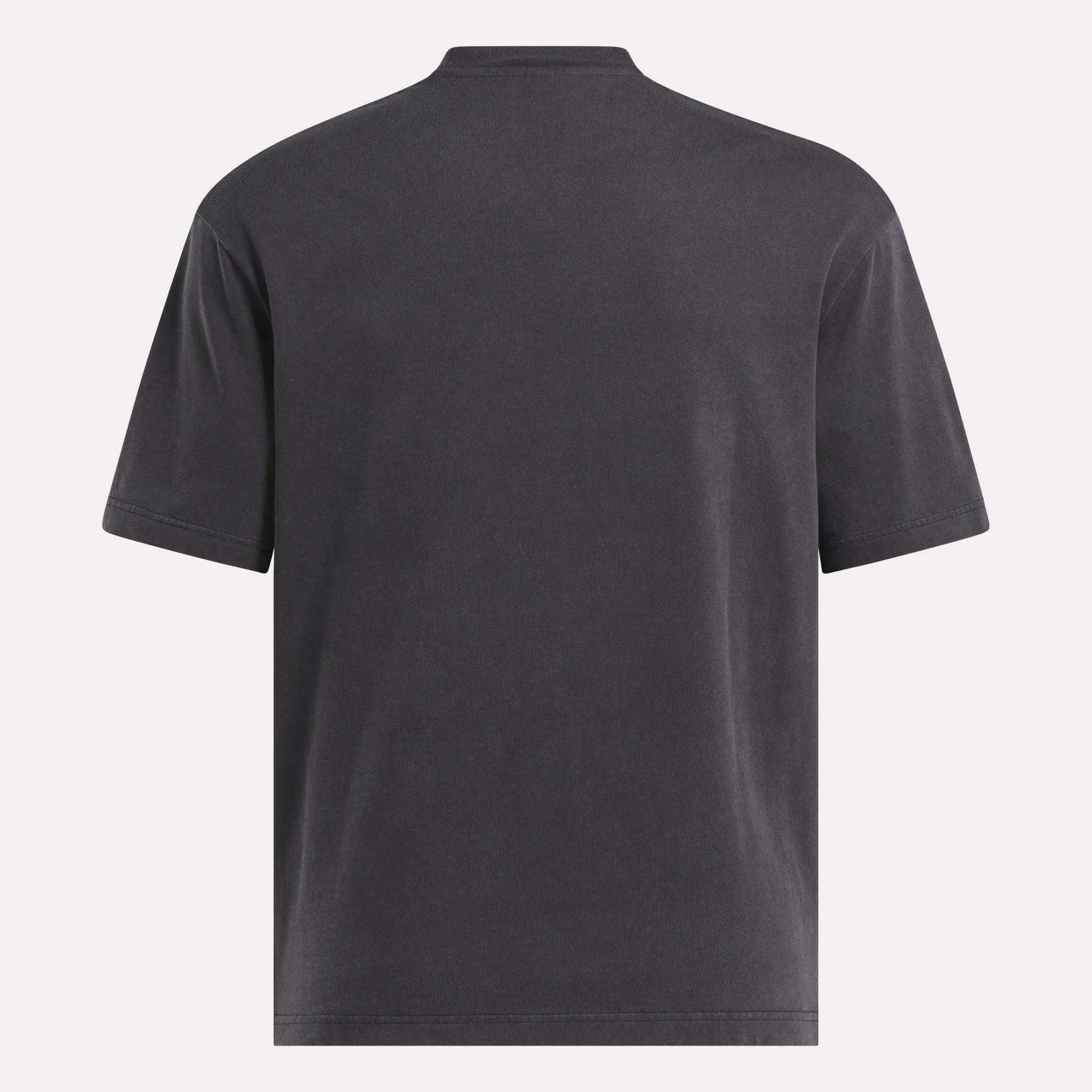 The Reebok x MARKET Graphic T-Shirt, shown from the back in dark gray with short sleeves, stands out against a light background—perfect for a minimalist streetwear vibe.