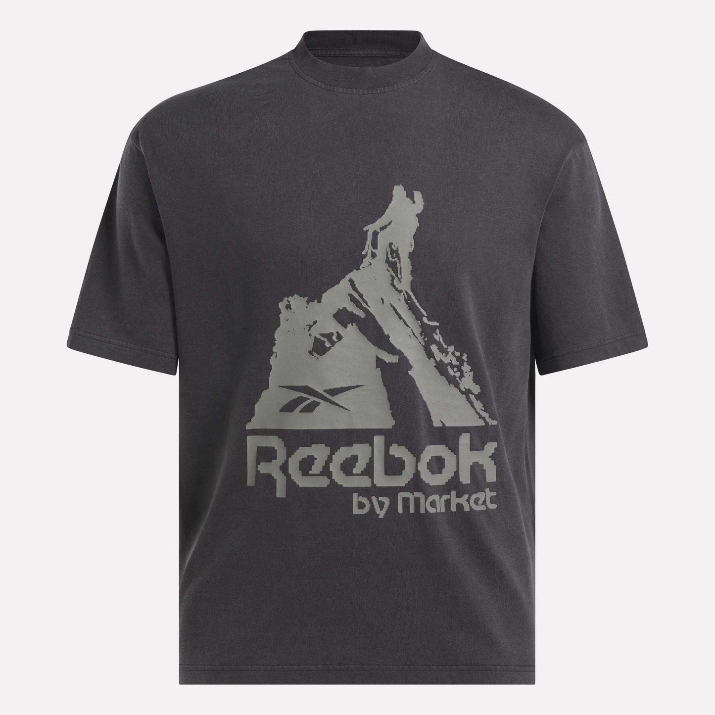 The Reebok x MARKET Graphic T-Shirt features a bold Reebok by Market logo with a distressed gray mountain climbing graphic—ideal for elevating your streetwear look.