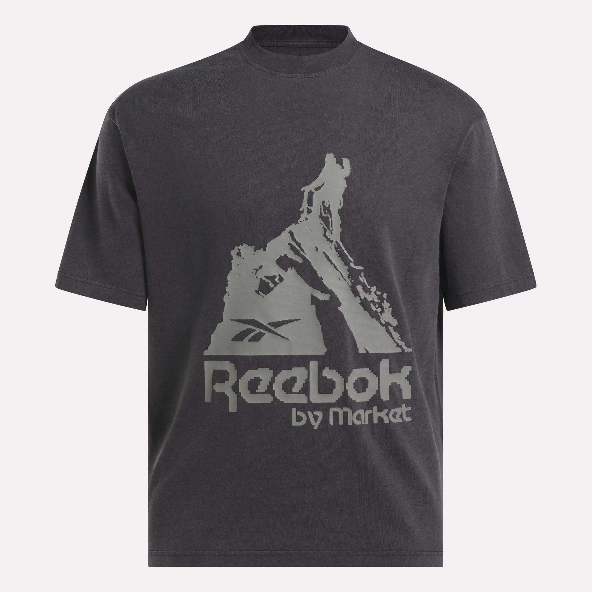 The Reebok x MARKET Graphic T-Shirt features a bold Reebok by Market logo with a distressed gray mountain climbing graphic—ideal for elevating your streetwear look.