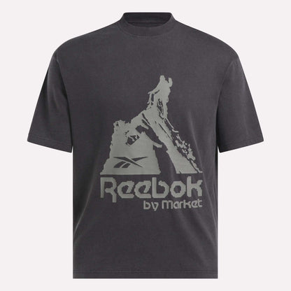 The Reebok x MARKET Graphic T-Shirt features a bold Reebok by Market logo with a distressed gray mountain climbing graphic—ideal for elevating your streetwear look.