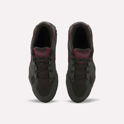 Top view of a pair of Reebok Preseason 94 Low Retro Basketball Shoes in dark gray with maroon accents and laces, placed side by side on a plain white background.