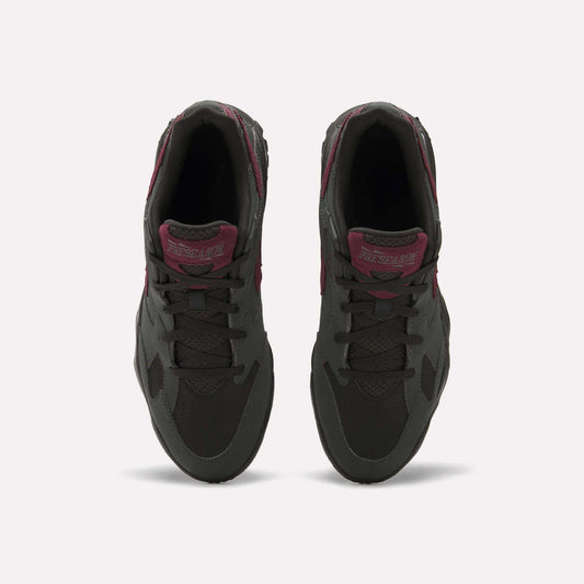 Top view of a pair of Reebok Preseason 94 Low Retro Basketball Shoes in dark gray with maroon accents and laces, placed side by side on a plain white background.