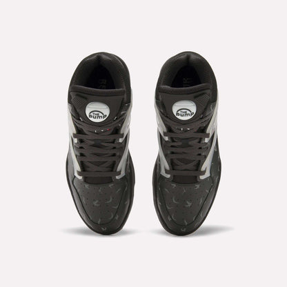 Top view of Reebok Pump Omni Zone II Retro Basketball Shoes with black uppers, white and reflective accents, dark gray laces, and white circular Pump patches on the tongues. The textured surface features small perforations.