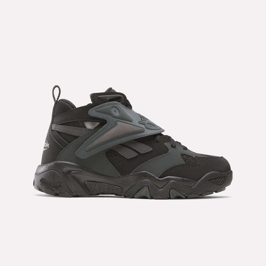The Reebok Preseason 94 Retro Basketball Shoes, in black and dark gray with a chunky sole and mesh overlays, are shown in side profile on a white background—perfect for training sessions.