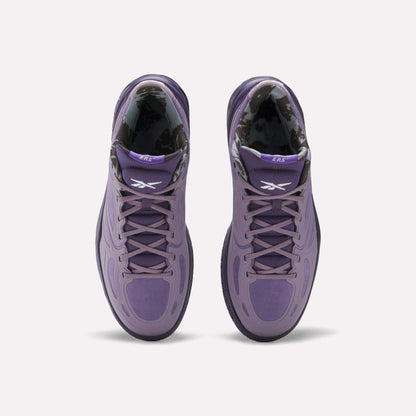 Top view of Reebok Engine A Basketball Shoes in purple with black and white patterned inner lining, white Reebok logos on the tongues, and advanced ERS technology, set against a plain white background.