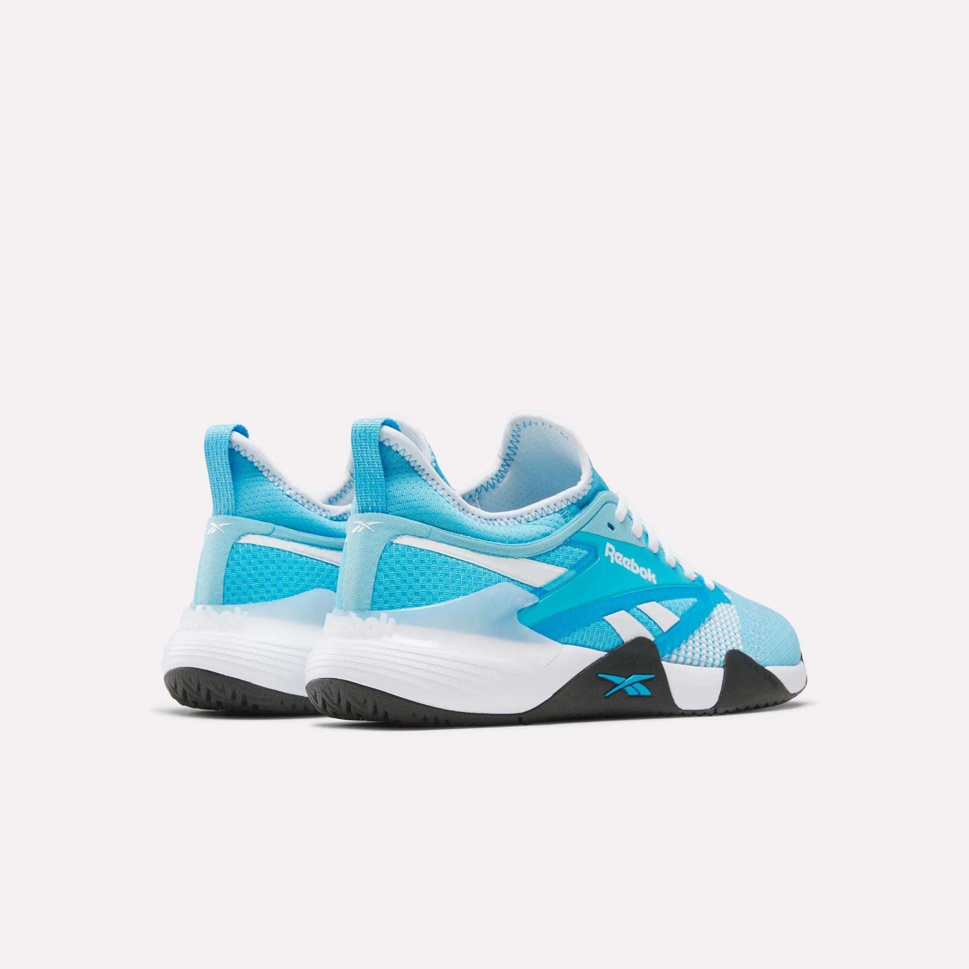 The Reebok Nano Court Shoes, in blue and white with black accents, designed for court sports, are shown from a rear-side angle on a plain white background.