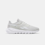 The Reebok Men's Split Flex Training Shoes in light gray with white accents and logo feature a white cushioned sole, shown in side profile on a white background—perfect for HIIT classes or daily workouts.