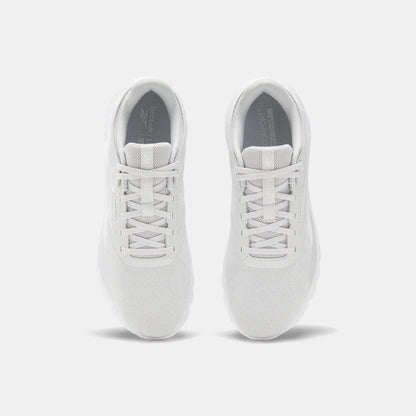 Top view of Reebok Men's Split Flex Training Shoes in white with mesh uppers and white laces, placed side by side on a light gray background—ideal for HIIT sessions or everyday workouts.