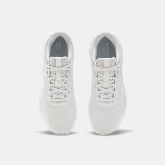 Top view of Reebok Men's Split Flex Training Shoes in white with mesh uppers and white laces, placed side by side on a light gray background—ideal for HIIT sessions or everyday workouts.