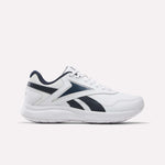 White athletic shoe with black accents on a light gray background