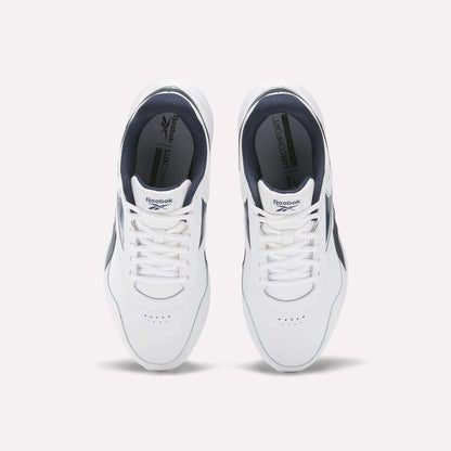 Top view of Reebok Men's Walk Ultra 7 DMX Max Wide 4E Shoes in white with navy accents and white laces, side by side on a light background. These wide-fit walking shoes offer comfort and style, featuring insoles with the Reebok logo.