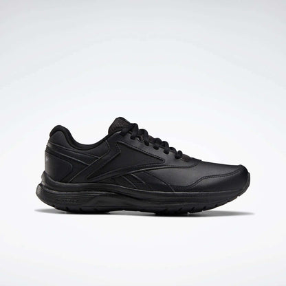 The Reebok Women's Walk Ultra 7 DMX Max Walking Shoes are black, low-profile sneakers with lace-up closure and minimalist design. Side view against a light gray background. Ideal for fans of Reebok walking shoes seeking comfort and style.