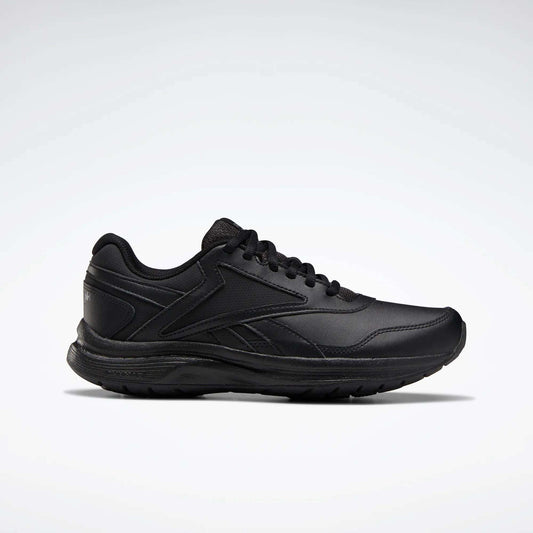 The Reebok Women's Walk Ultra 7 DMX Max Walking Shoes are black, low-profile sneakers with lace-up closure and minimalist design. Side view against a light gray background. Ideal for fans of Reebok walking shoes seeking comfort and style.