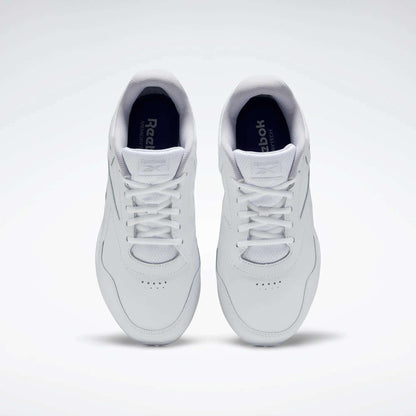 A pair of Reebok Women's Walk Ultra 7 DMX Max Walking Shoes in white, shown from above with visible tops and laces on a plain light background, featuring DMX cushioning for all-day comfort.