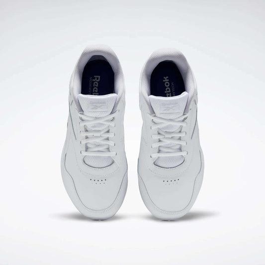 A pair of Reebok Women's Walk Ultra 7 DMX Max Walking Shoes in white, shown from above with visible tops and laces on a plain light background, featuring DMX cushioning for all-day comfort.
