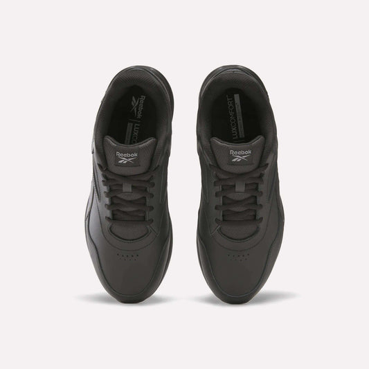 Top view of a pair of black Reebok Walk Ultra 7 DMX Max Walking Shoes with laces, perforated toe boxes, and Reebok branding on the tongue and insole, featuring DMX cushioning for comfort, shown on a plain white background.