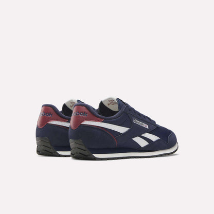 Reebok Classic AZ Shoes in navy blue with white and burgundy accents, shown from the side and back on a white background. These retro sneakers feature classic '70s style details.