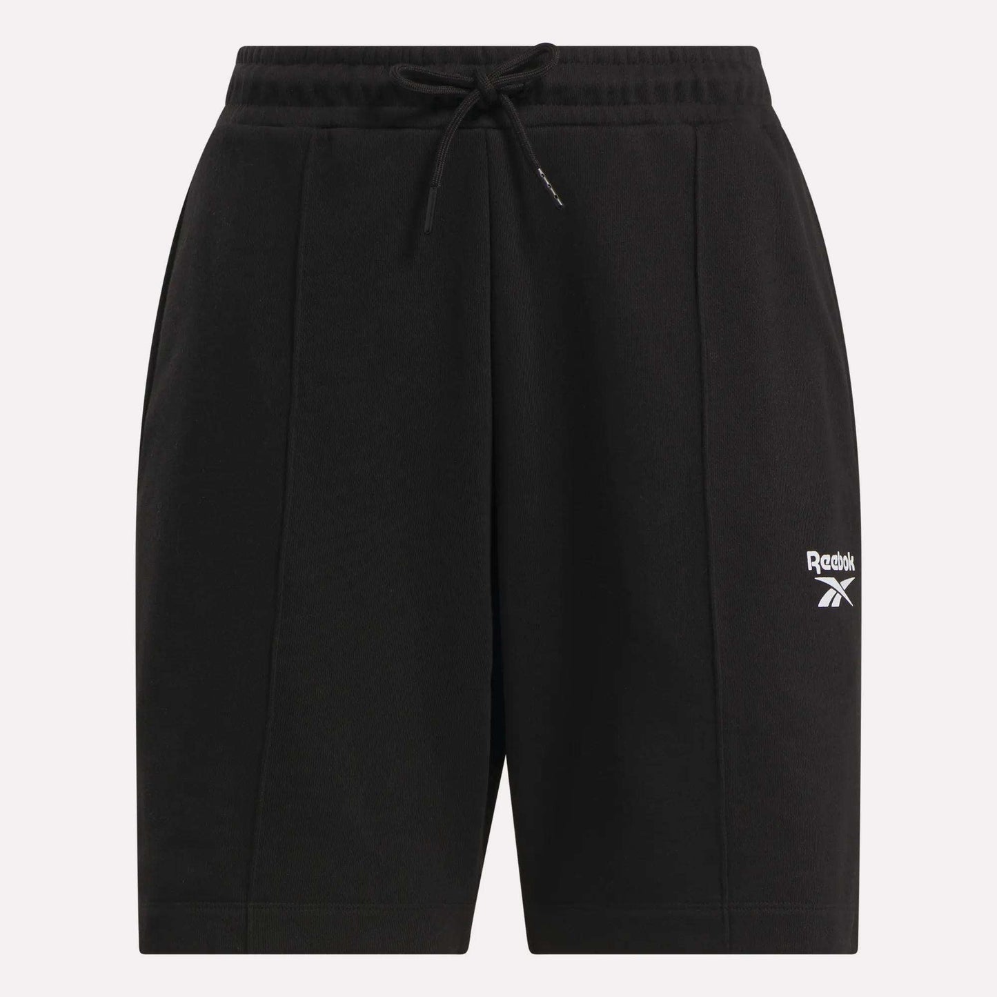The Reebok Women's Pintuck Long Shorts are black cotton-blend fleece shorts featuring an elastic waistband, drawstring, and a white logo on the left leg. Their simple, casual design is ideal for sports or leisure.