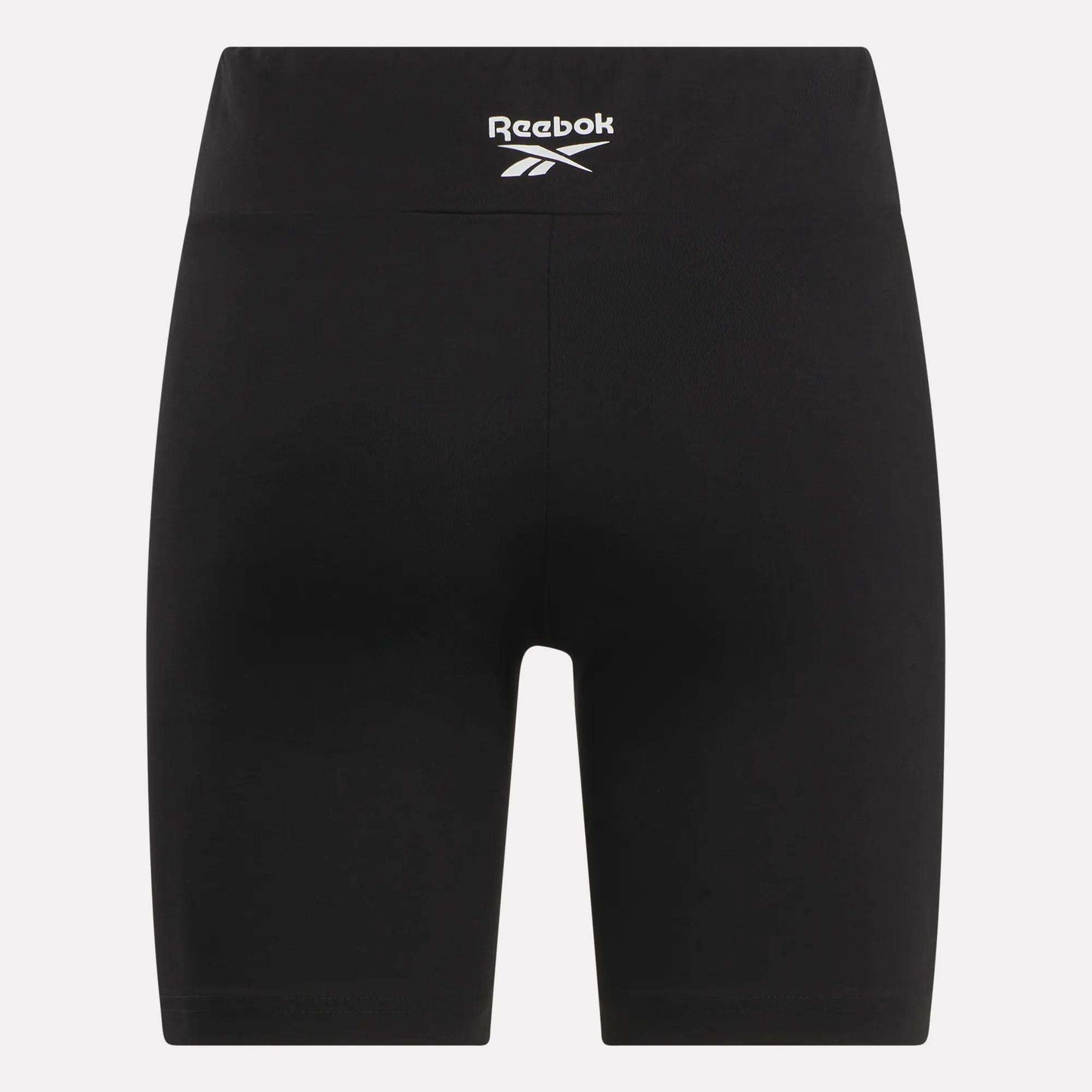 Seen from the back, these Women's Small Logo Cycle Shorts by Reebok feature a stretchy fit and a white logo near the waistband, blending comfort and style for any activity.