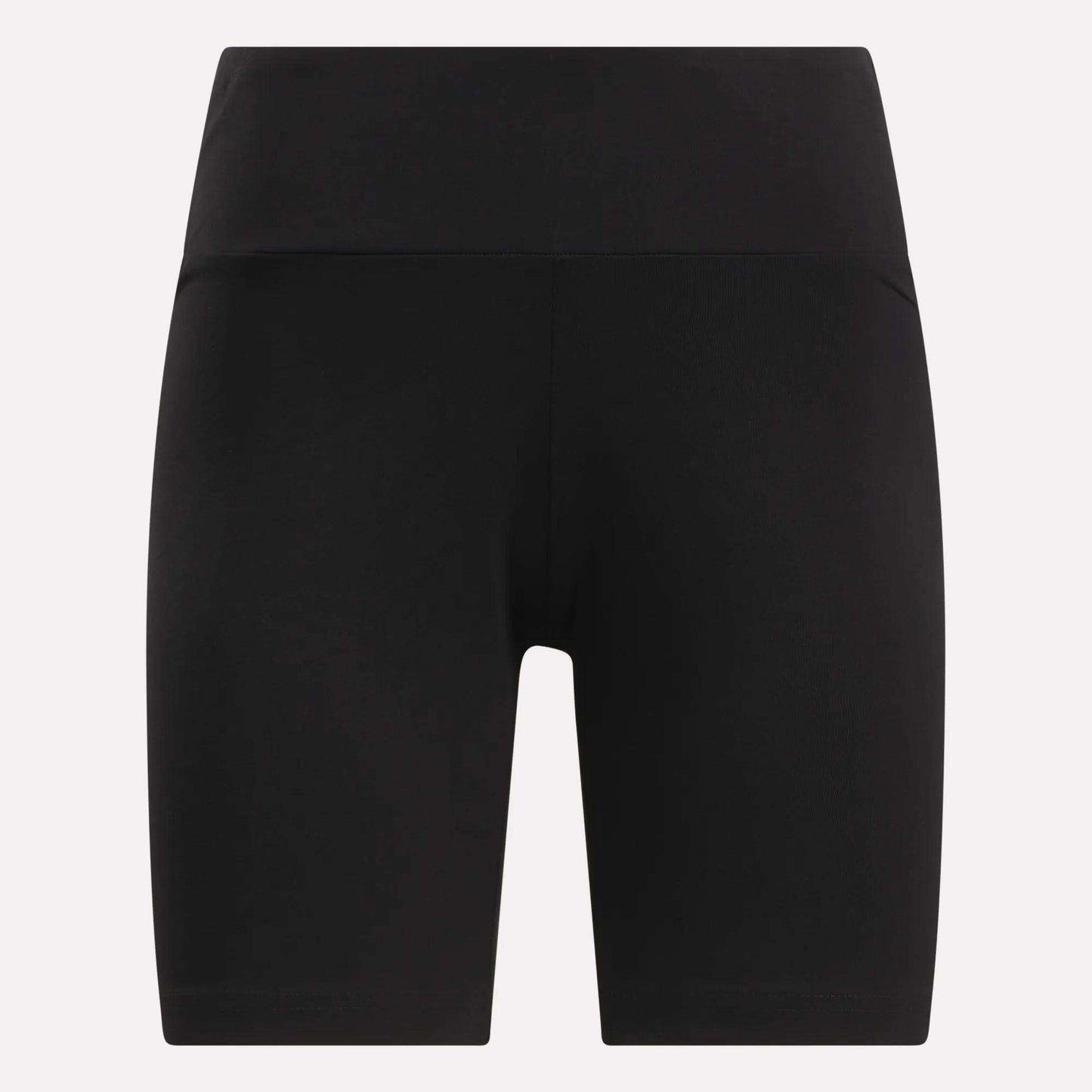 Women's Small Logo Cycle Shorts by Reebok: black, high-waisted cotton cycle shorts with a wide waistband. Knee-length with a stretchy, seamless fit, shown on a plain light background.