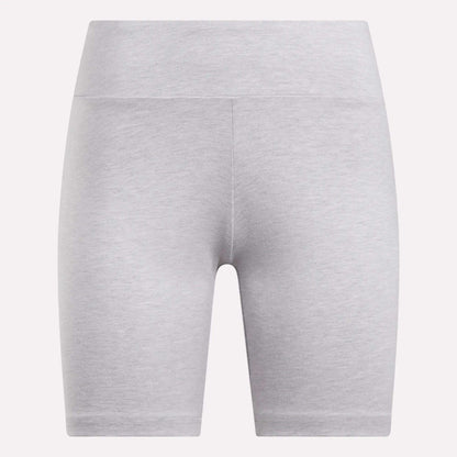 The Reebok Women's Small Logo Cycle Shorts are light gray and high-waisted, crafted from smooth, stretchy fabric with a seamless look against a plain white background. They feature a subtle design with no prominent logos or patterns.