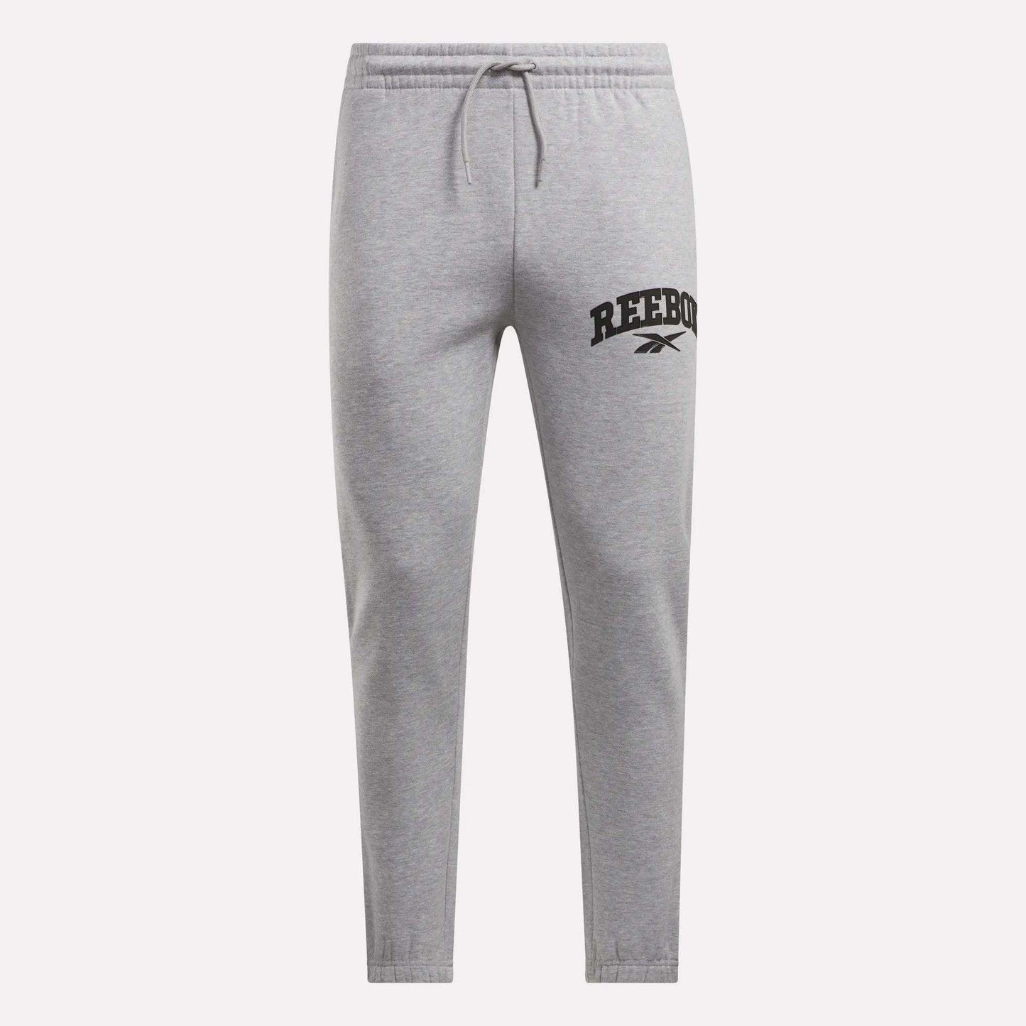 Reebok Men's Joggers in light gray, crafted from soft fleece with an elastic waistband, drawstring, and tapered legs. The left thigh features a black Reebok logo and vector symbol. Shown on a plain white background.